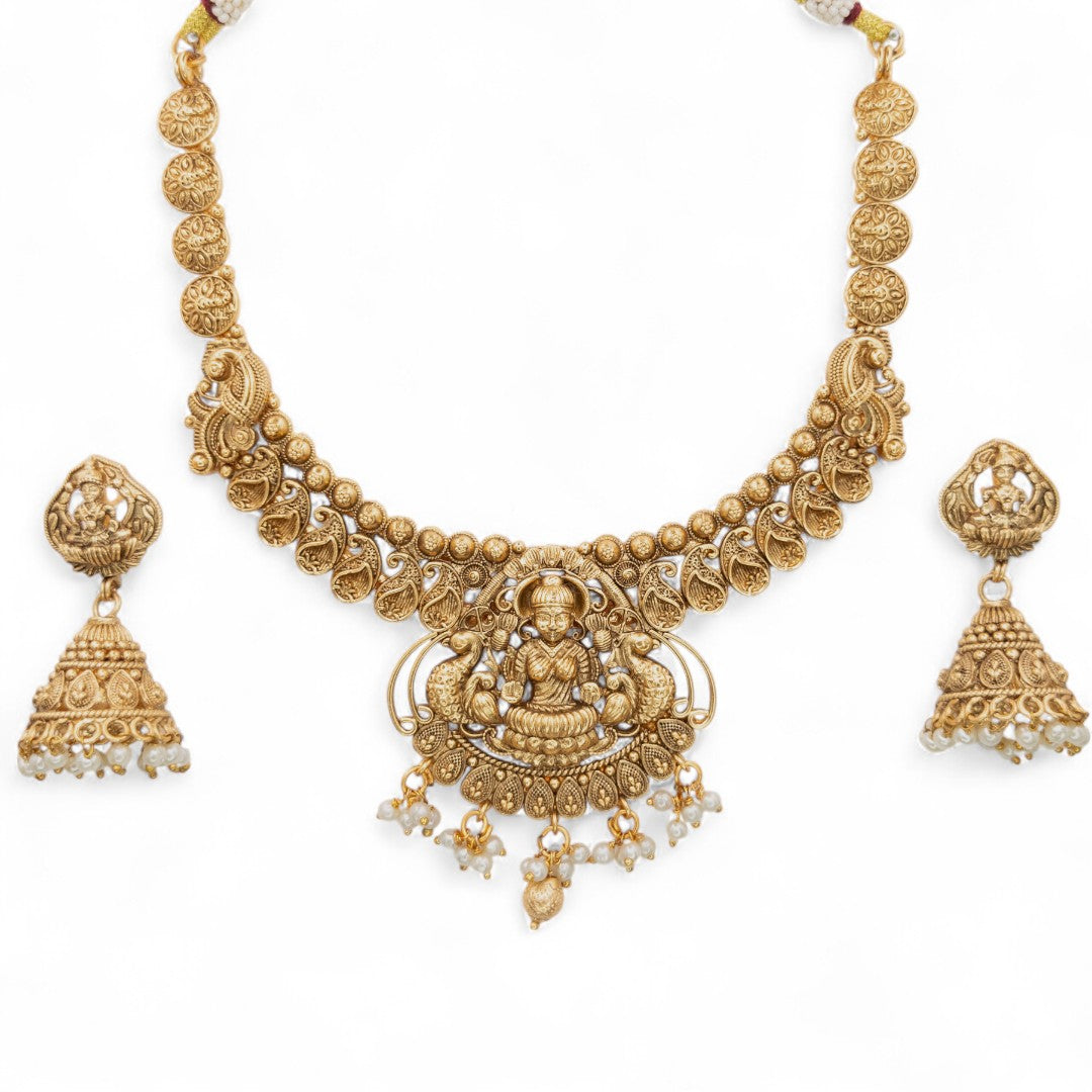 Tempel Halskette mit Ohrringe - matt Gold