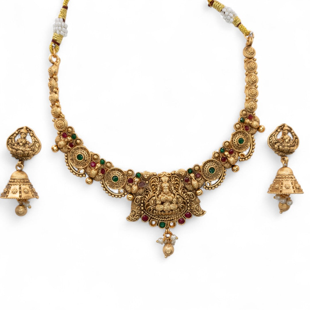 Tempel Halskette mit Ohrringe - matt Gold
