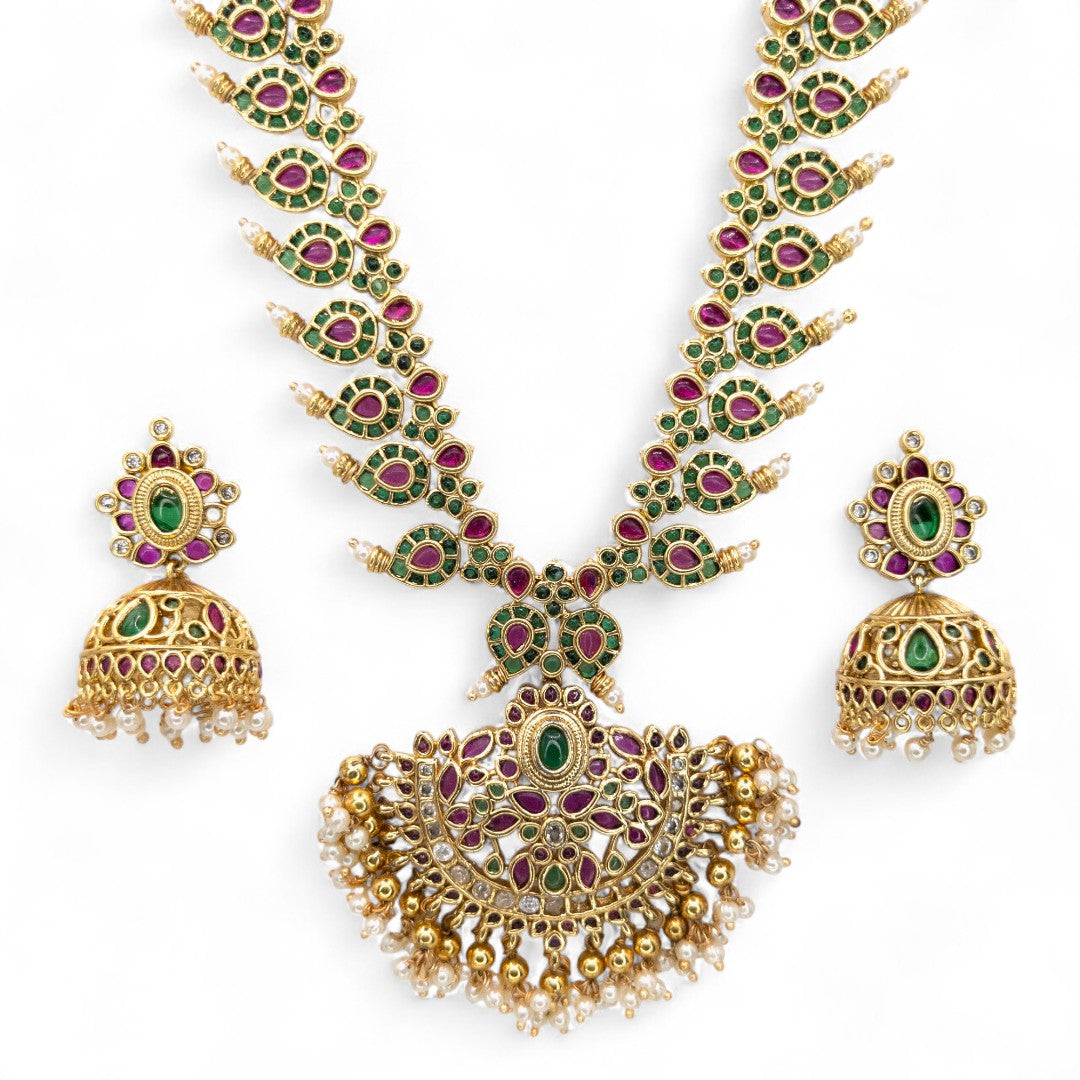Tempel Halskette mit Ohrringe - gold | magenta, grün - Kemp steine