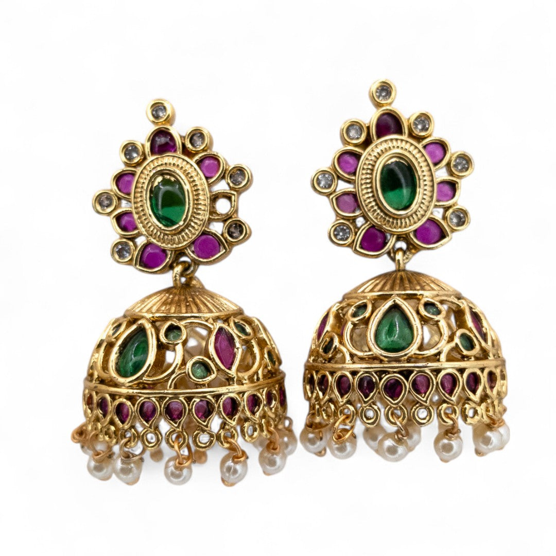 Tempel Halskette mit Ohrringe - gold | magenta, grün - Kemp steine