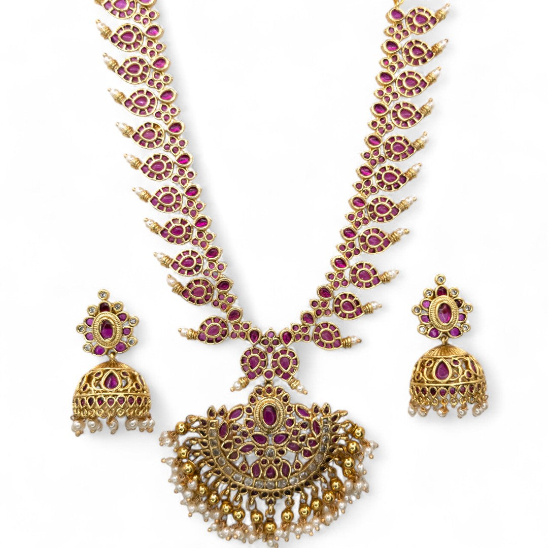 Tempel Halskette mit Ohrringe - gold | magenta - Kemp steine