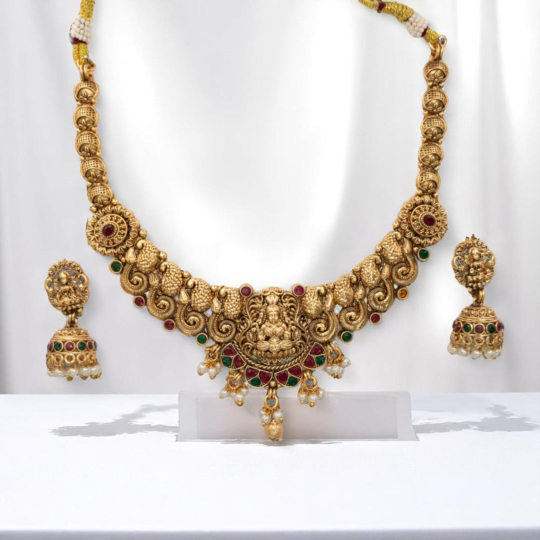 Tempel Halskette mit Ohrringe - matt Gold