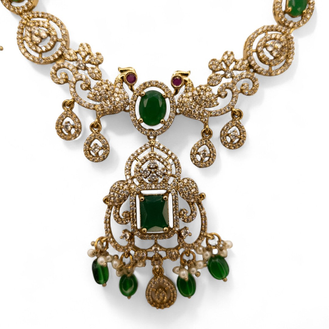 Temple Necklace with Earrings - gold | green
