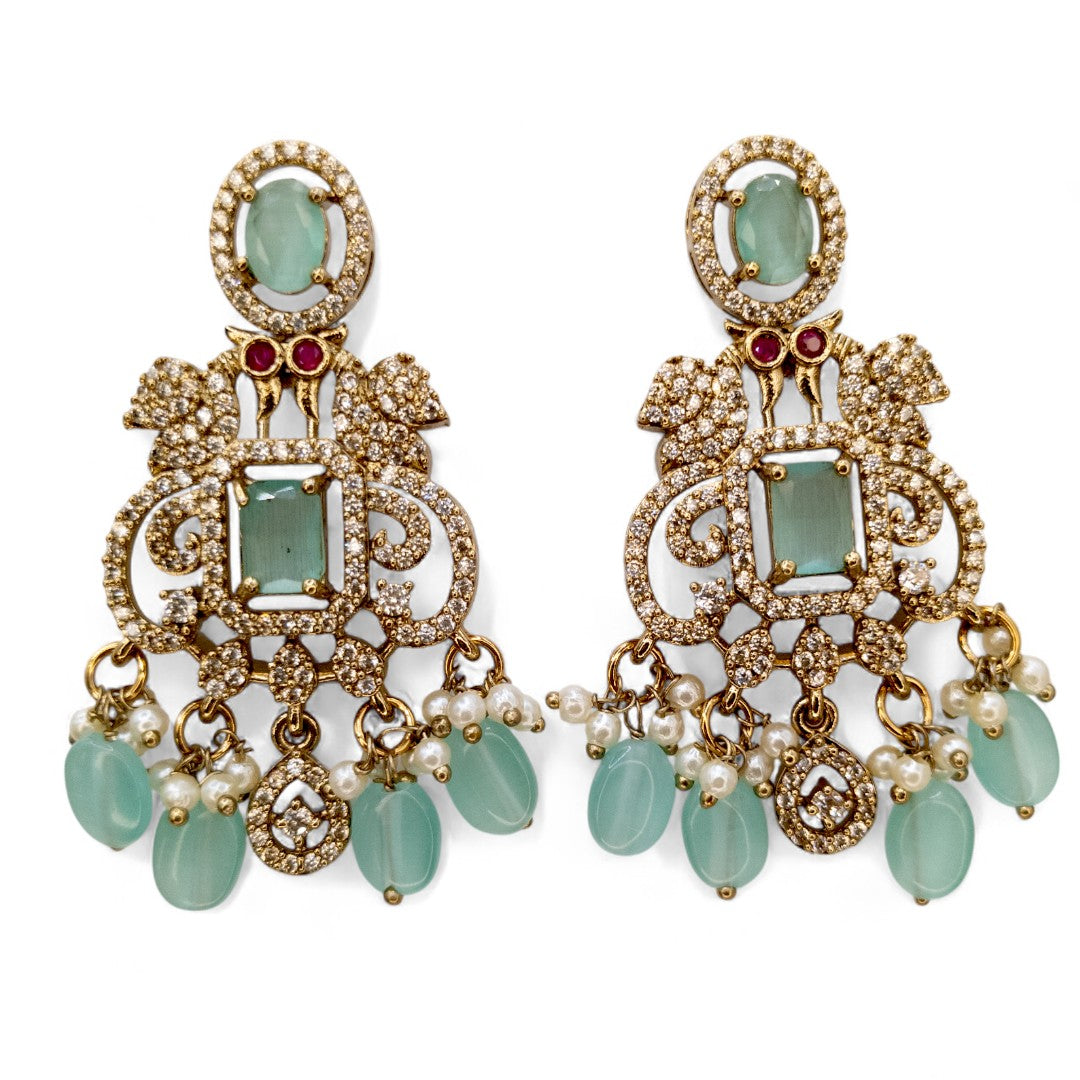 Victorian Halskette mit Lange Kette Ohrringe und Tikka - gold | mint - Combo set
