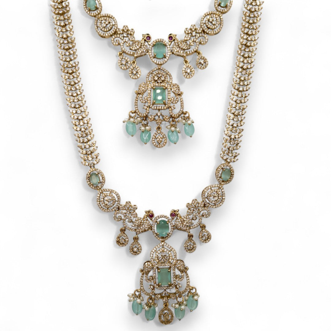 Victorian Halskette mit Lange Kette Ohrringe und Tikka - gold | mint - Combo set