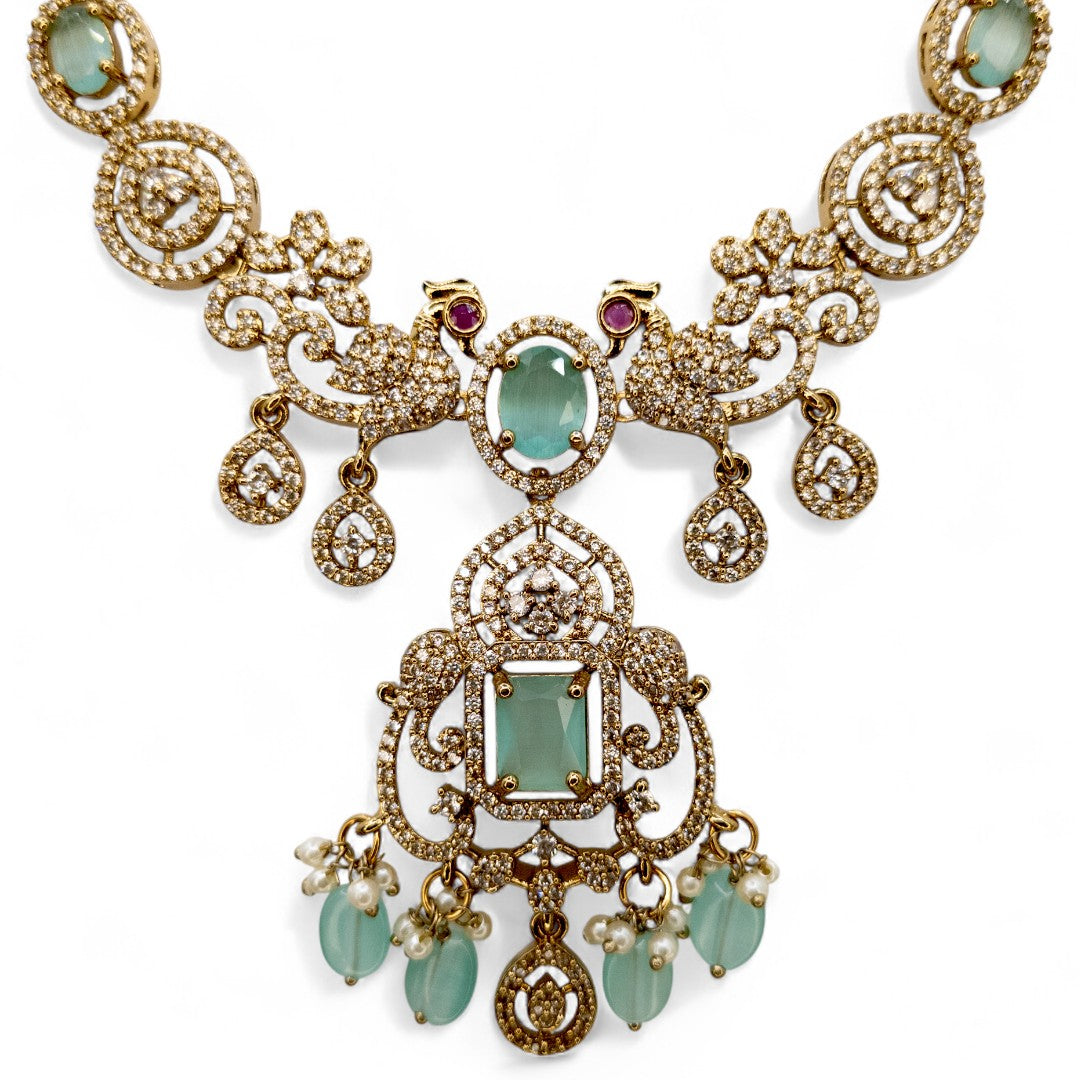 Victorian Halskette mit Lange Kette Ohrringe und Tikka - gold | mint - Combo set