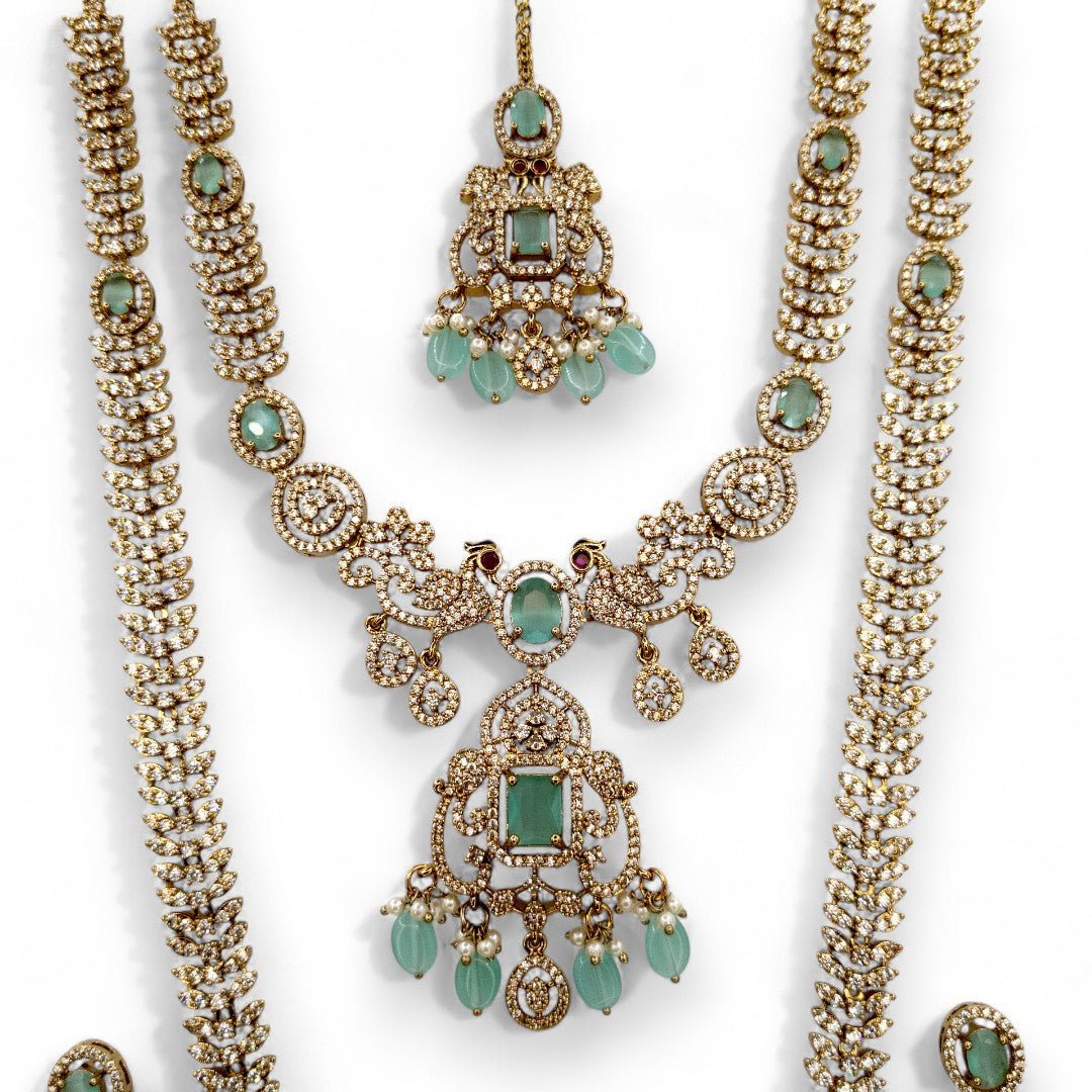 Victorian Halskette mit Lange Kette Ohrringe und Tikka - gold | mint - Combo set