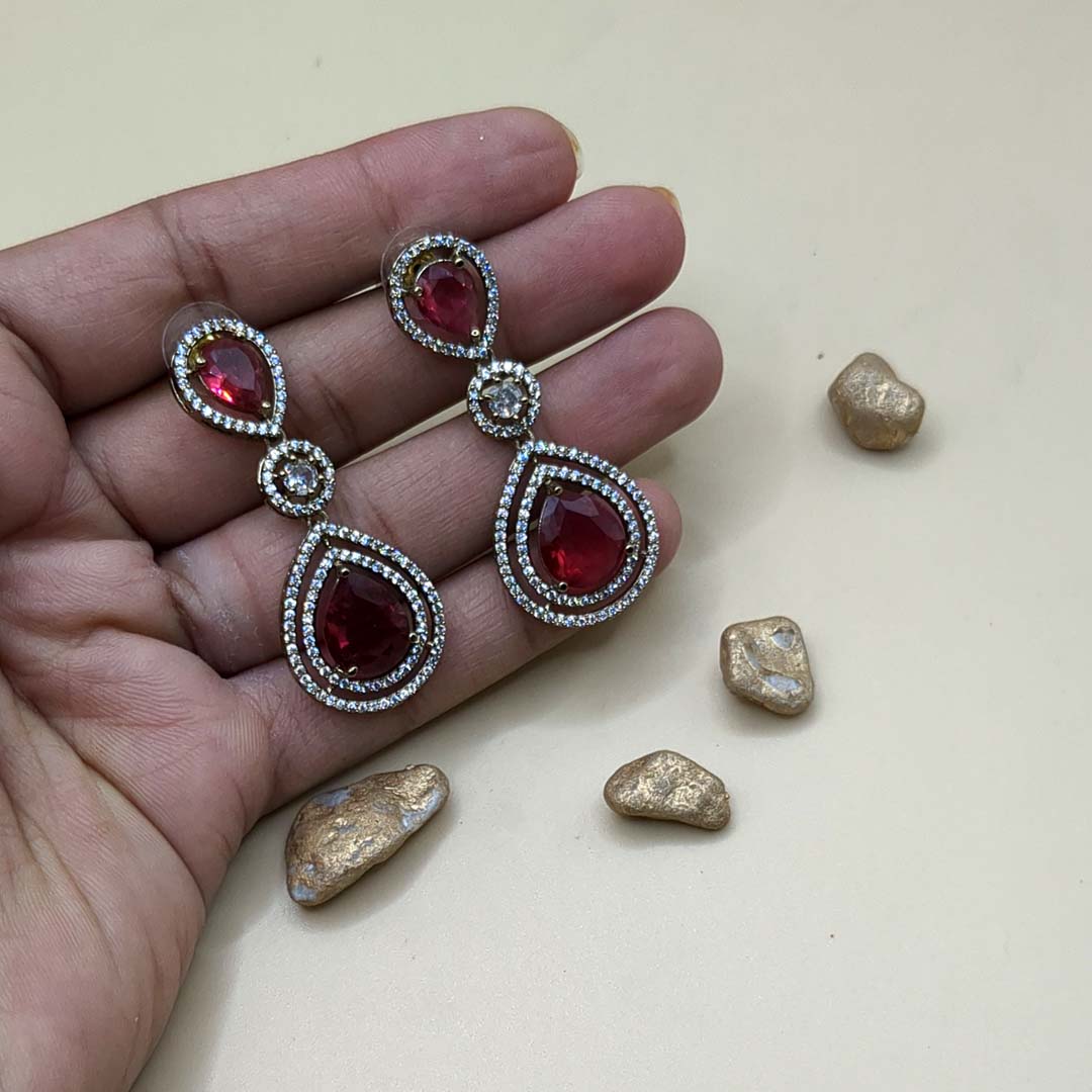 Trendy Halskette mit Ohrringe - gold | Magenta rot