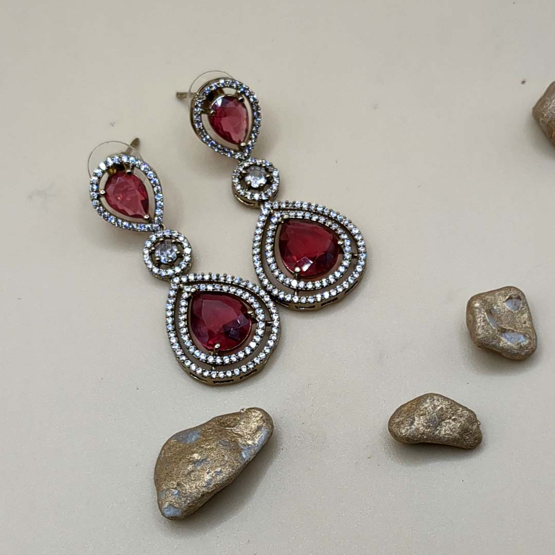 Trendy Halskette mit Ohrringe - gold | Magenta rot