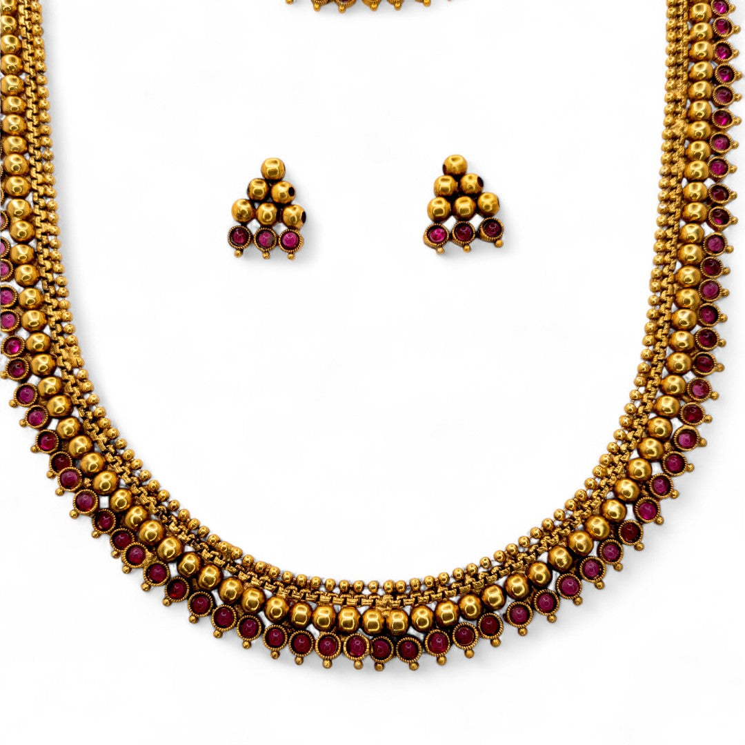 Hals- und Lange Kette mit Ohrringe Set - Mattgold, Magenta | Combo Set