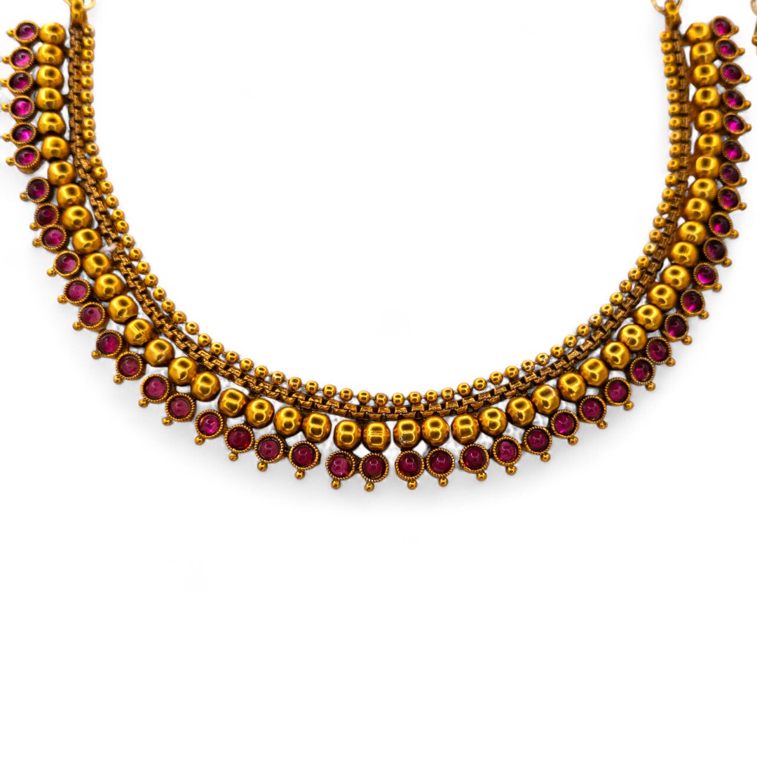Hals- und Lange Kette mit Ohrringe Set - Mattgold, Magenta | Combo Set