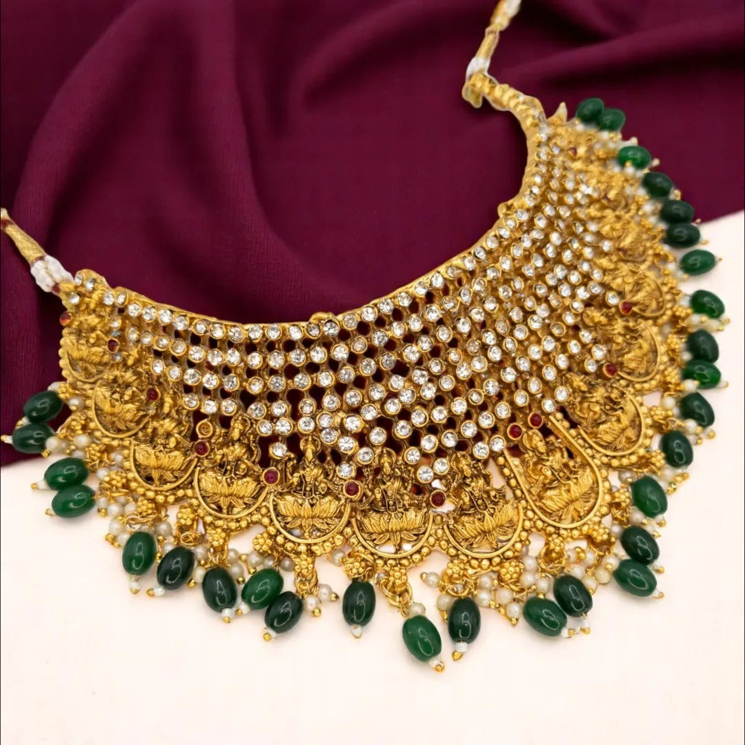 Temple Choker Necklace with Earrings - Green
