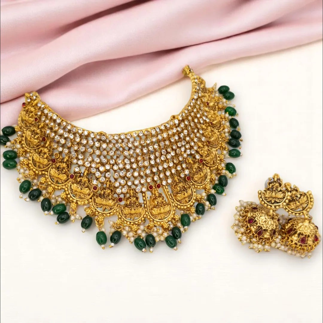 Temple Choker Necklace with Earrings - Green