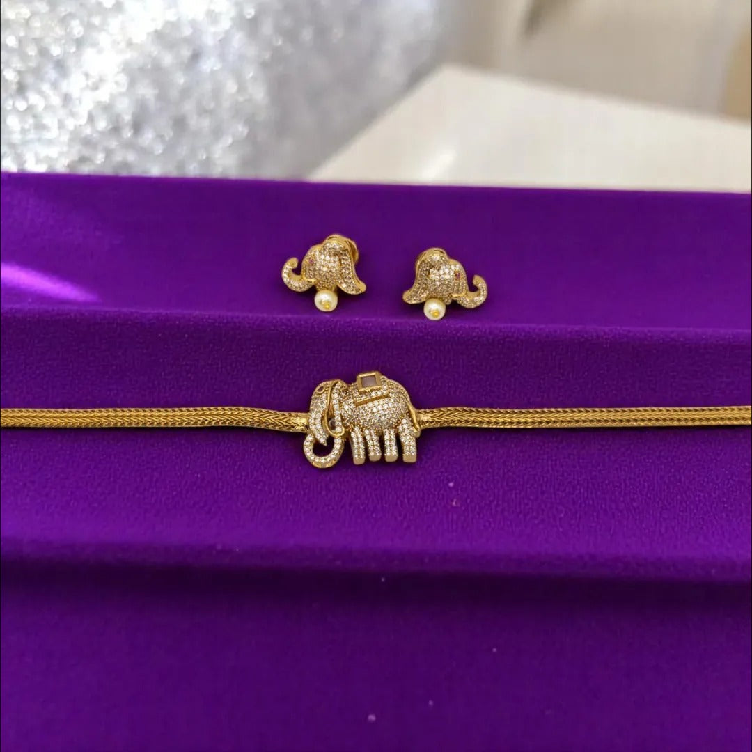 Trendy Choker Halskette mit Ohrringe - weiß - Elefant design