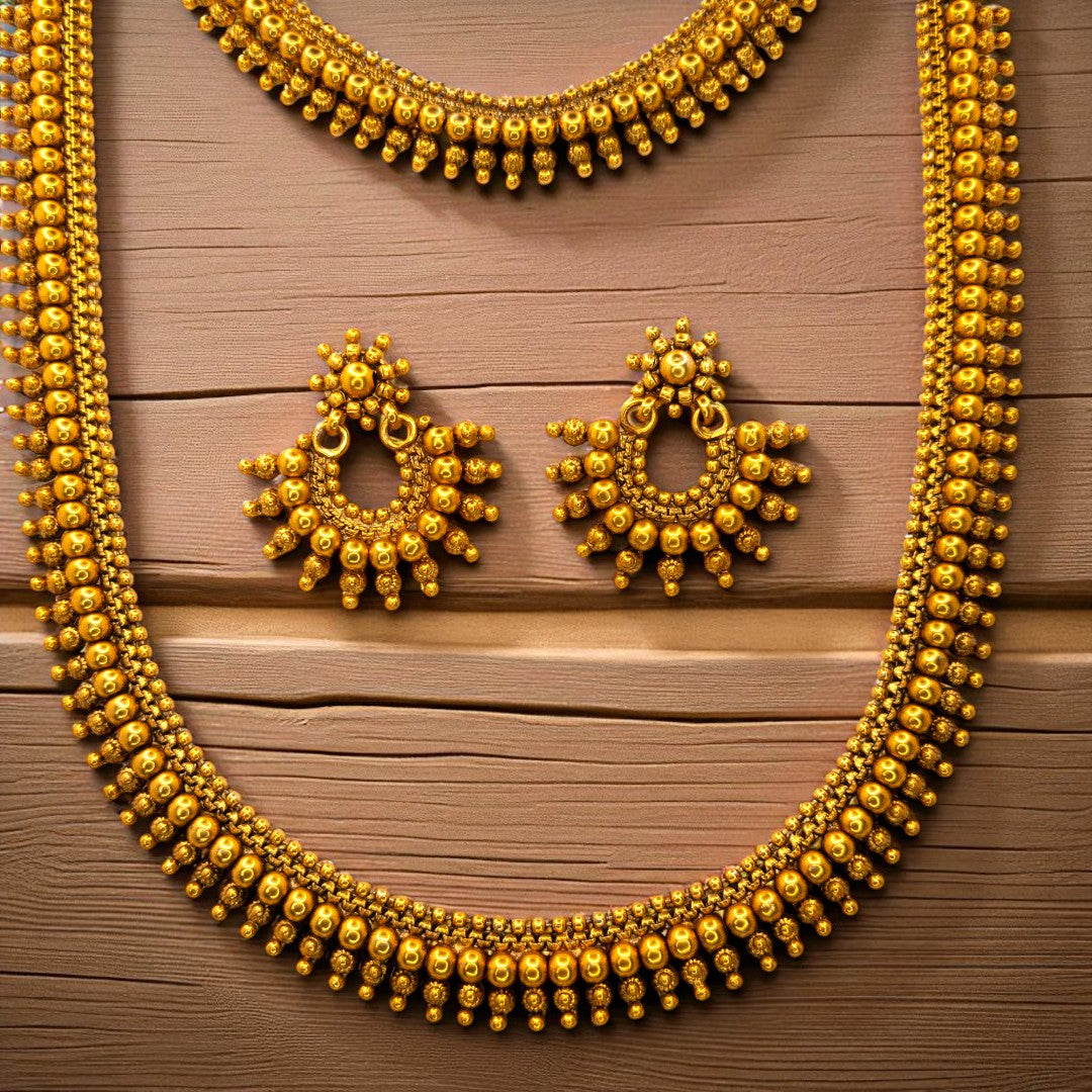 Hals- und Lange Kette mit Ohrringe Set - Mattgold | Combo Set