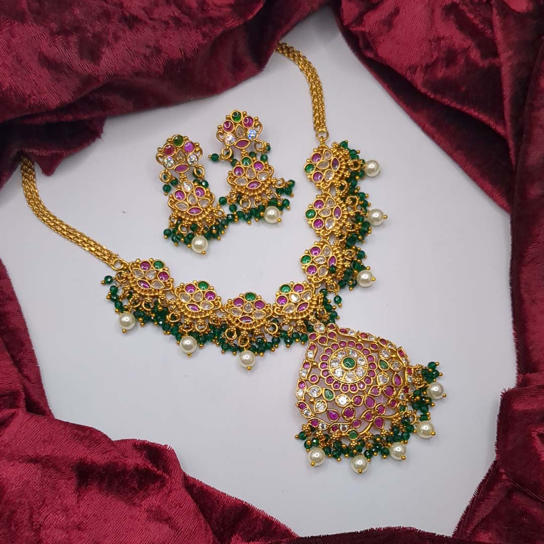 Tempel - Halskette mit Ohrringe - gold | grün