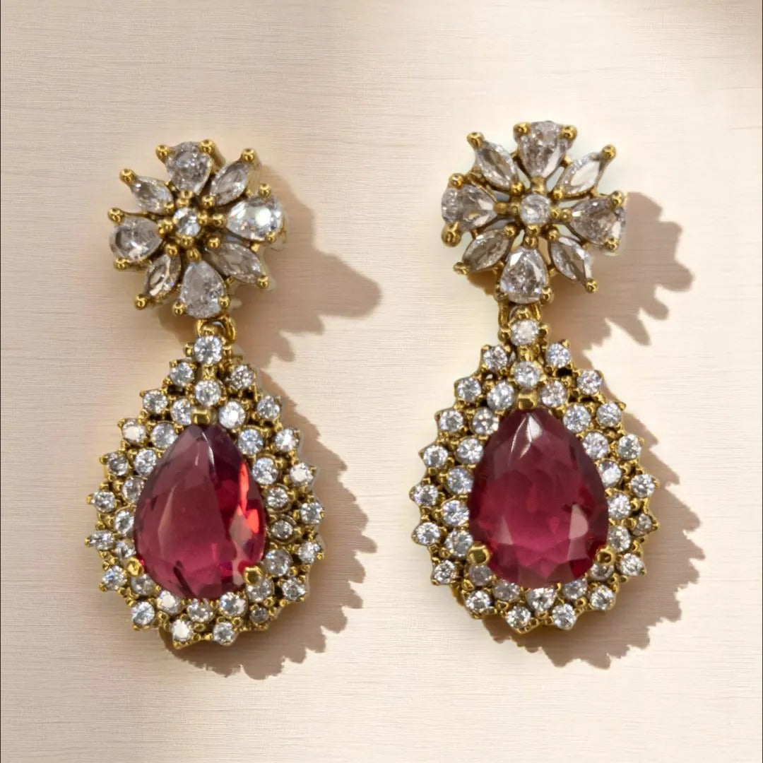 Trendy Halskette mit Ohrringe - gold | rot