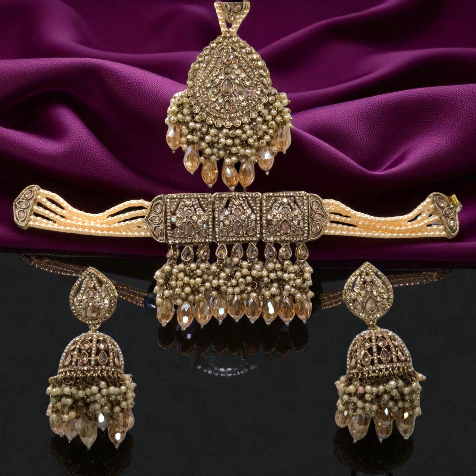 Polki Gold Choker Halskette | mit Ohrringe & Tikka