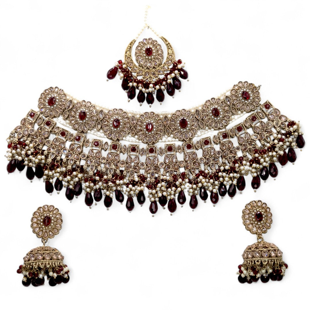 Polki Choker Halskette mit Ohrringe & Tikka - gold | Maroon | Braut