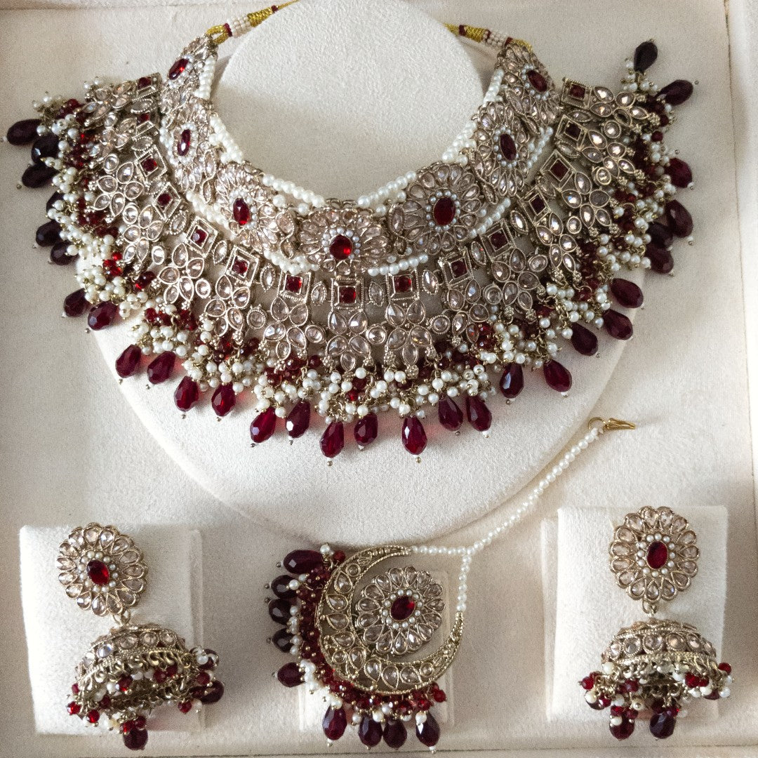 Polki Choker Halskette mit Ohrringe & Tikka - gold | Maroon | Braut