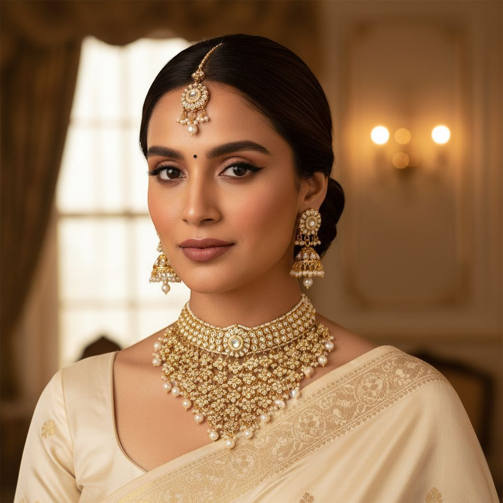 Kundan Necklace with Earrings & Tikka - gold | white