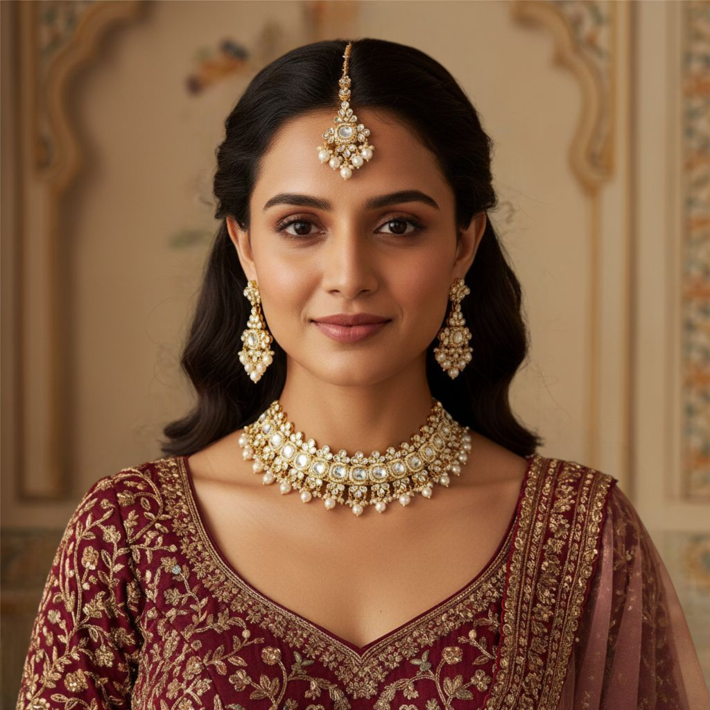 Polki Gold Choker Halskette | mit Ohrringe & Tikka