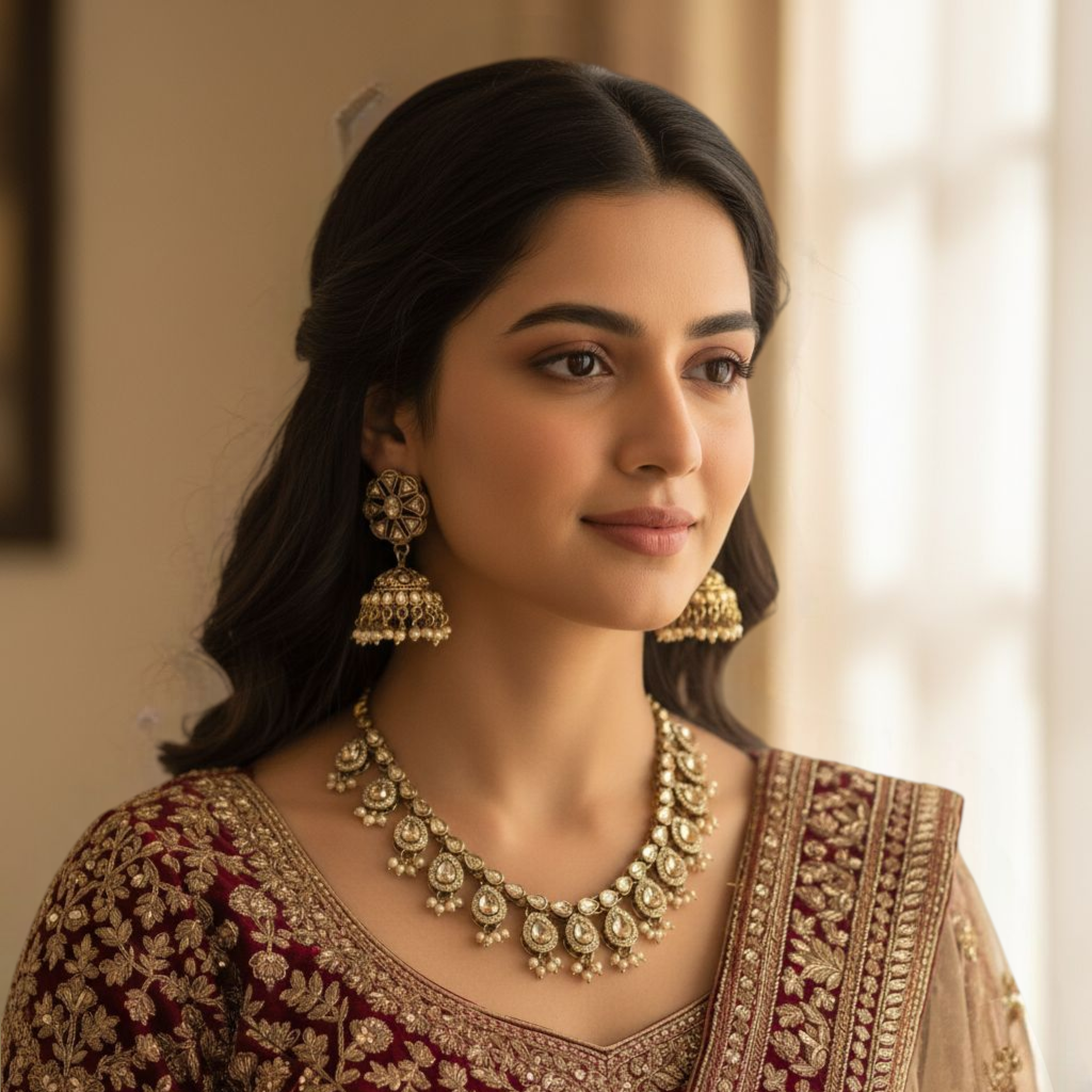 Polki Halskette mit Ohrringe - gold