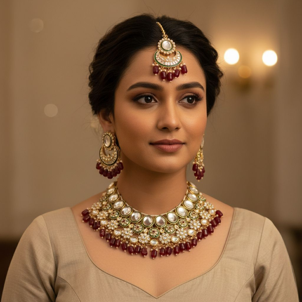 Kundan Choker Halskette mit Ohrringe & Tikka - gold | maroon