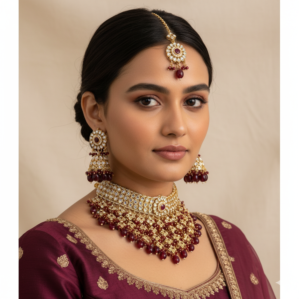 Kundan Necklace with Earrings & Tikka - gold | white