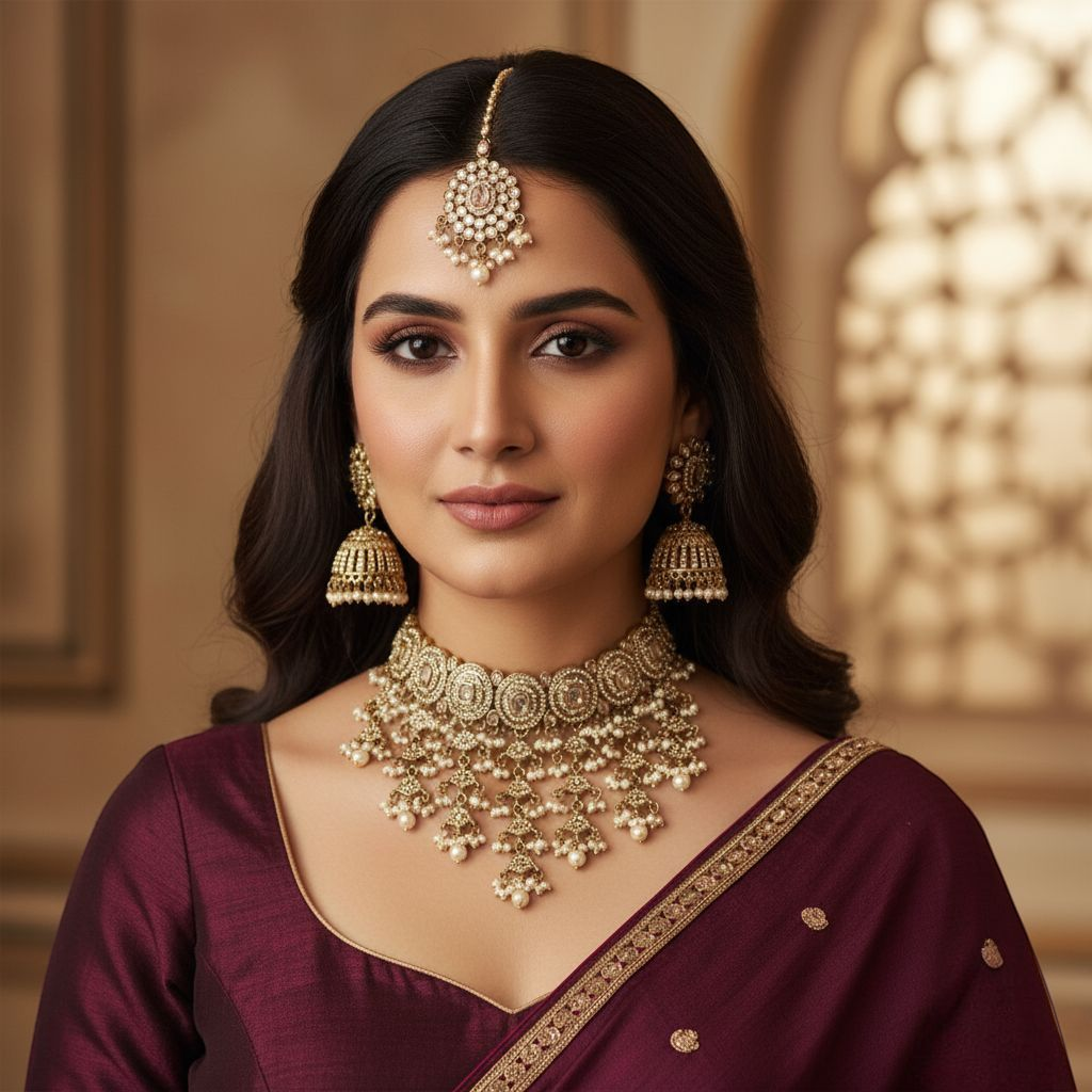 Polki Choker Halskette mit Ohrringe & Tikka | gold