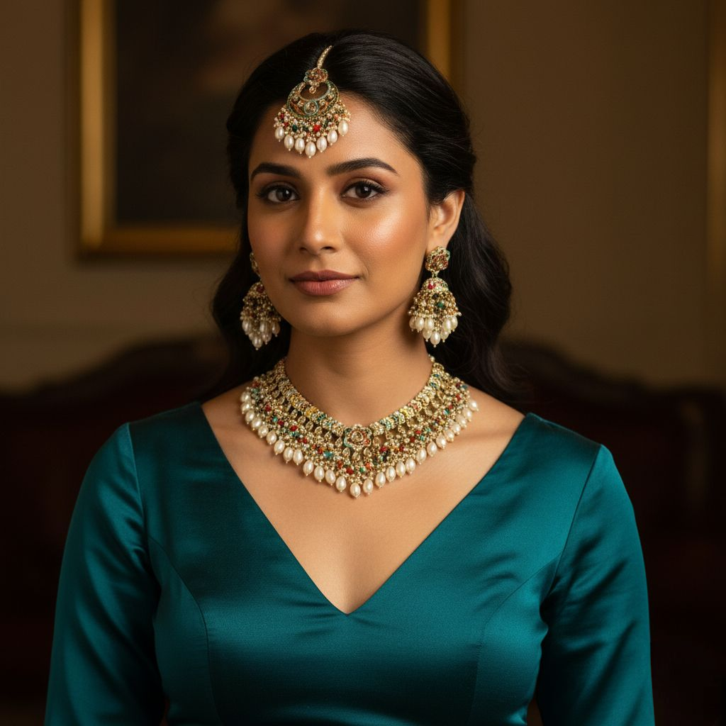 Polki Halskette mit Ohrringe & Tikka - gold | Multi Color