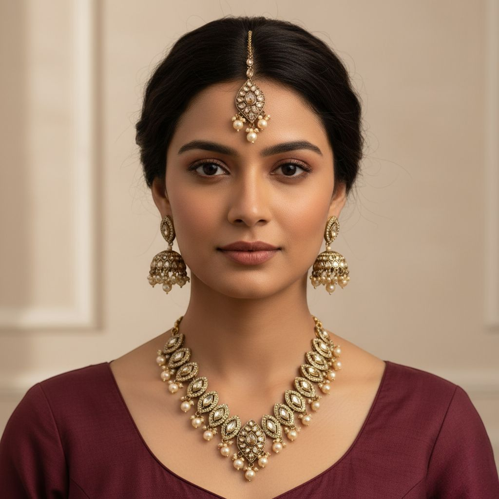 Polki Halskette mit Ohrringe & Tikka - gold