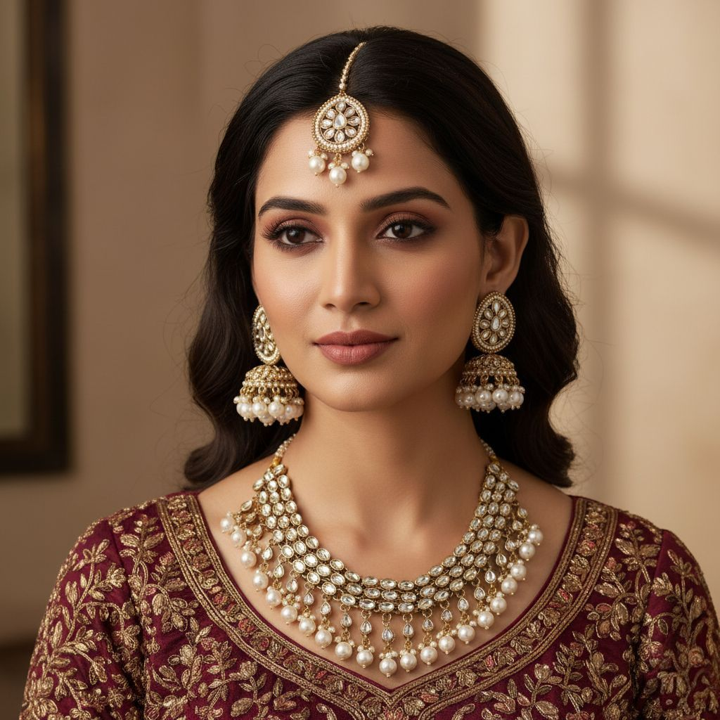 Kundan Choker Halskette mit Ohrringe & Tikka - gold | weiß