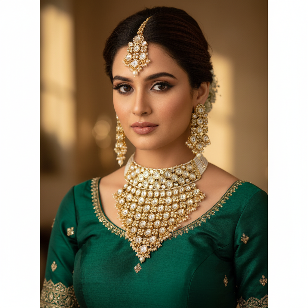 Kundan Choker Halskette mit Ohrringe & Tikka - gold | weiß