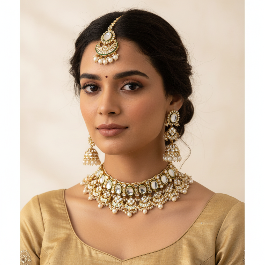 Kundan Choker Halskette mit Ohrringe & Tikka - gold | weiß