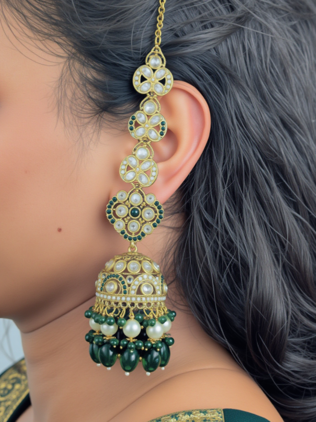 Kundan Ohrringe mit Kette (Earchain)- Jumkha | gold | Grün