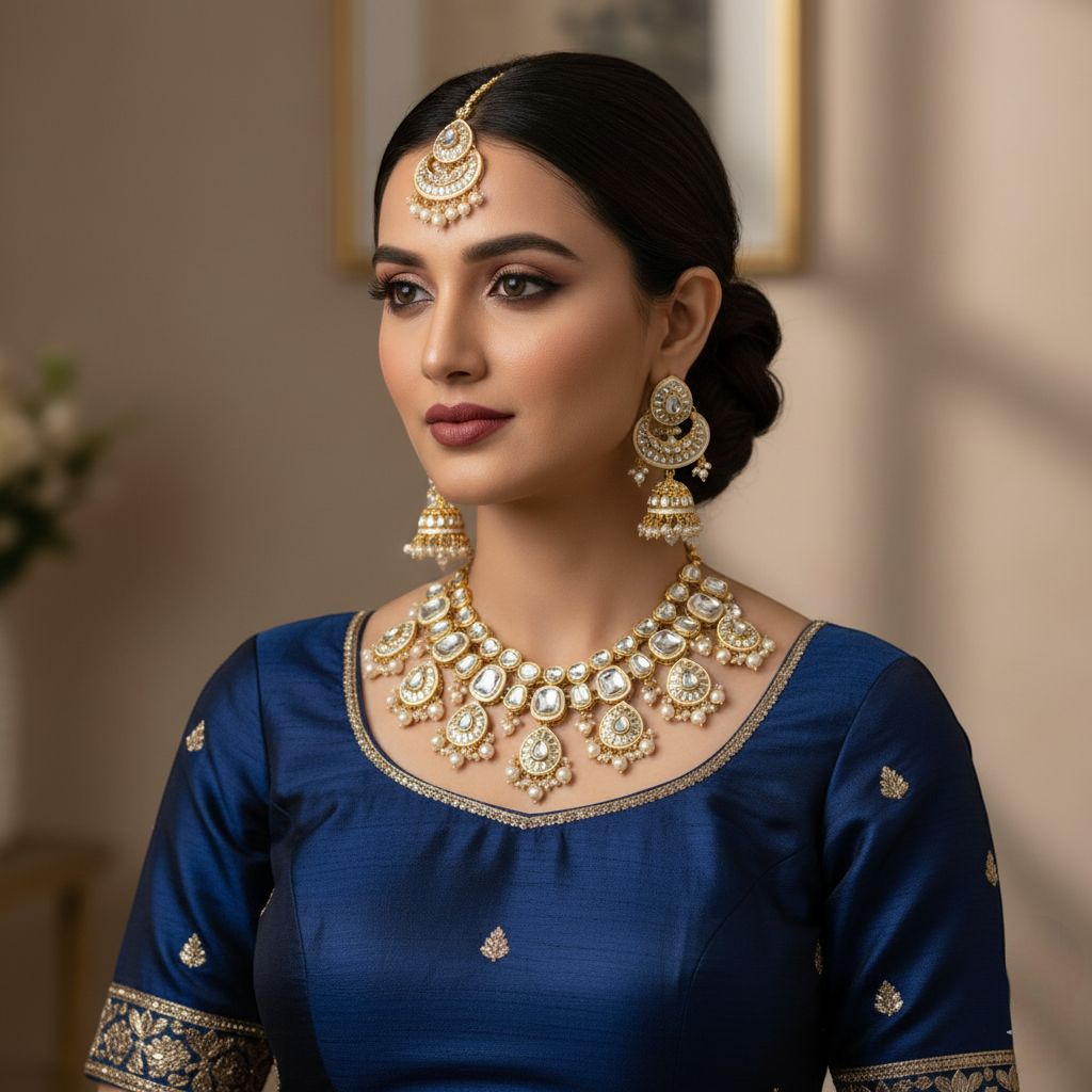 Kundan Halskette mit Ohrringe & Tikka - gold | weis