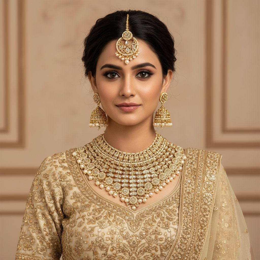 Kundan Halskette mit Ohrringe & Tikka - gold