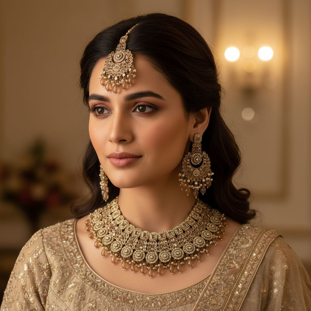 Polki Halskette mit Ohrringe & Tikka - gold | Braut