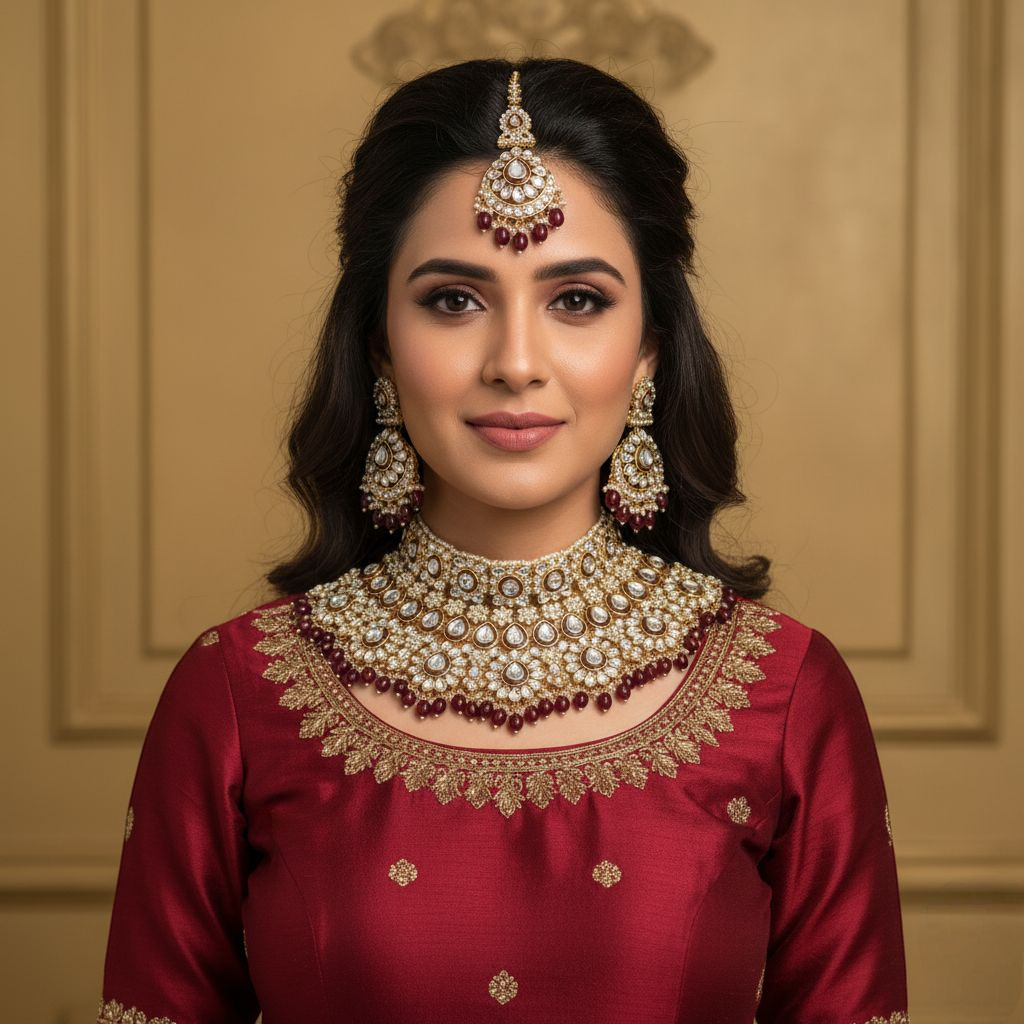 Kundan Necklace with Earrings & Tikka - gold | white