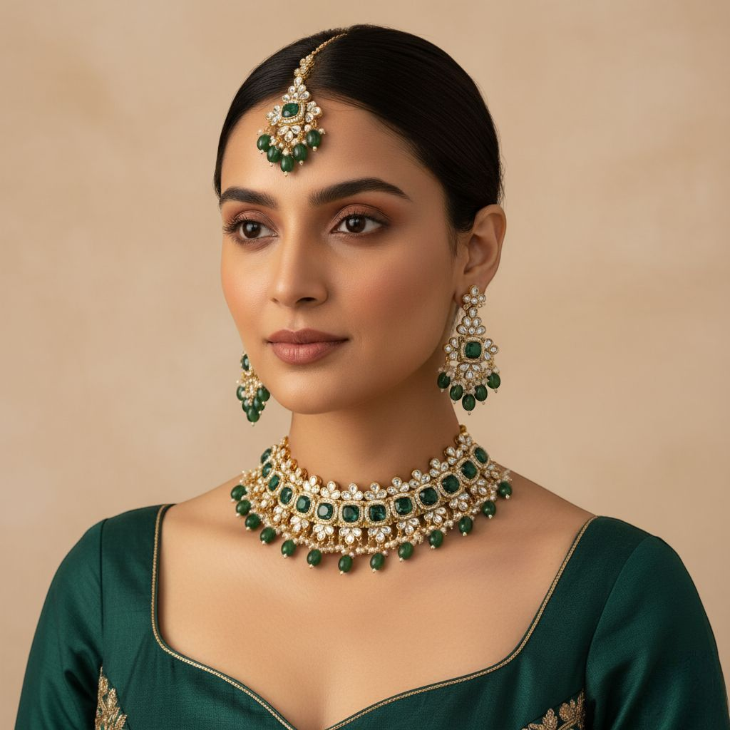 Polki Gold Choker Halskette | mit Ohrringe & Tikka | grün