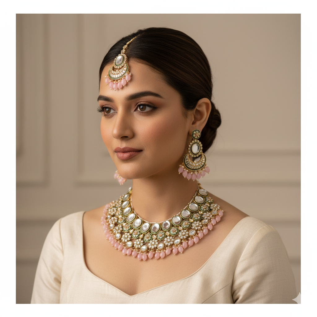 Kundan Choker Halskette mit Ohrringe & Tikka - gold | rosa