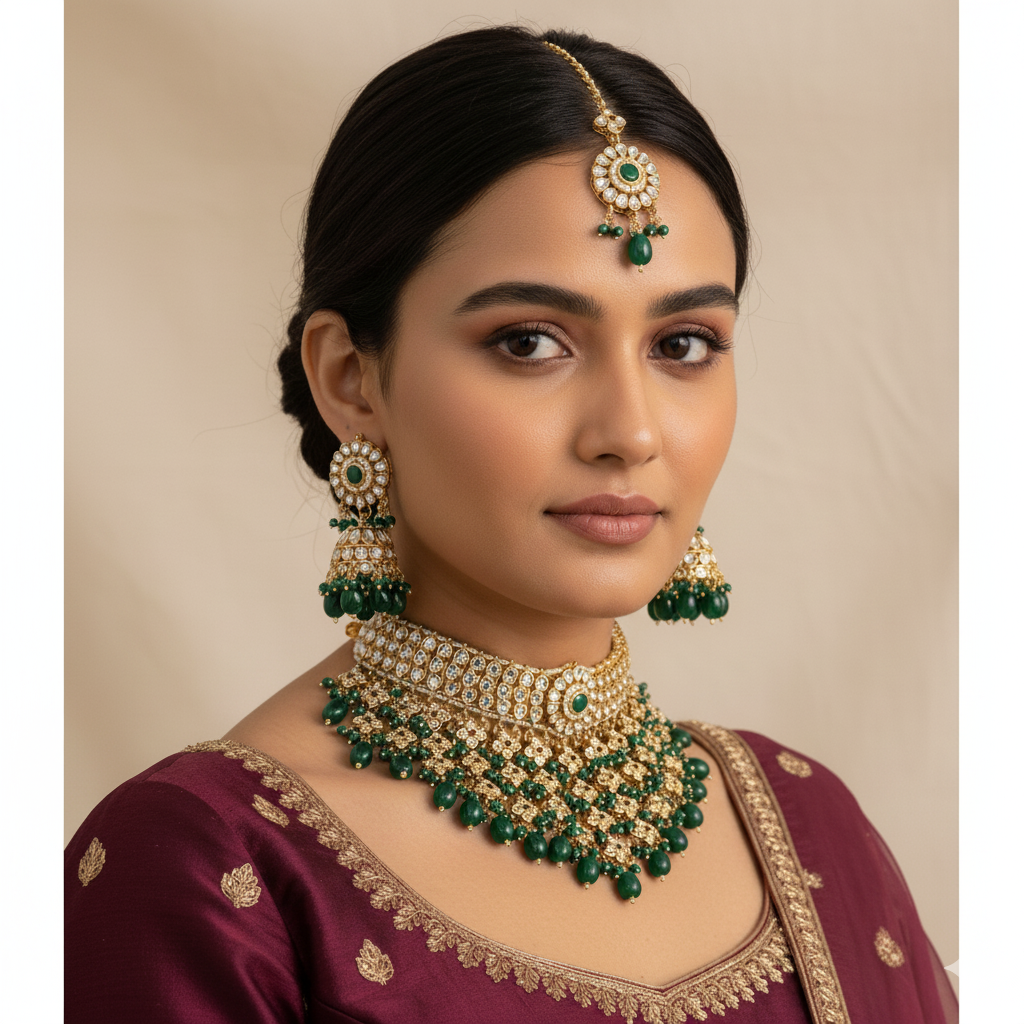 Kundan Necklace with Earrings & Tikka - gold | white