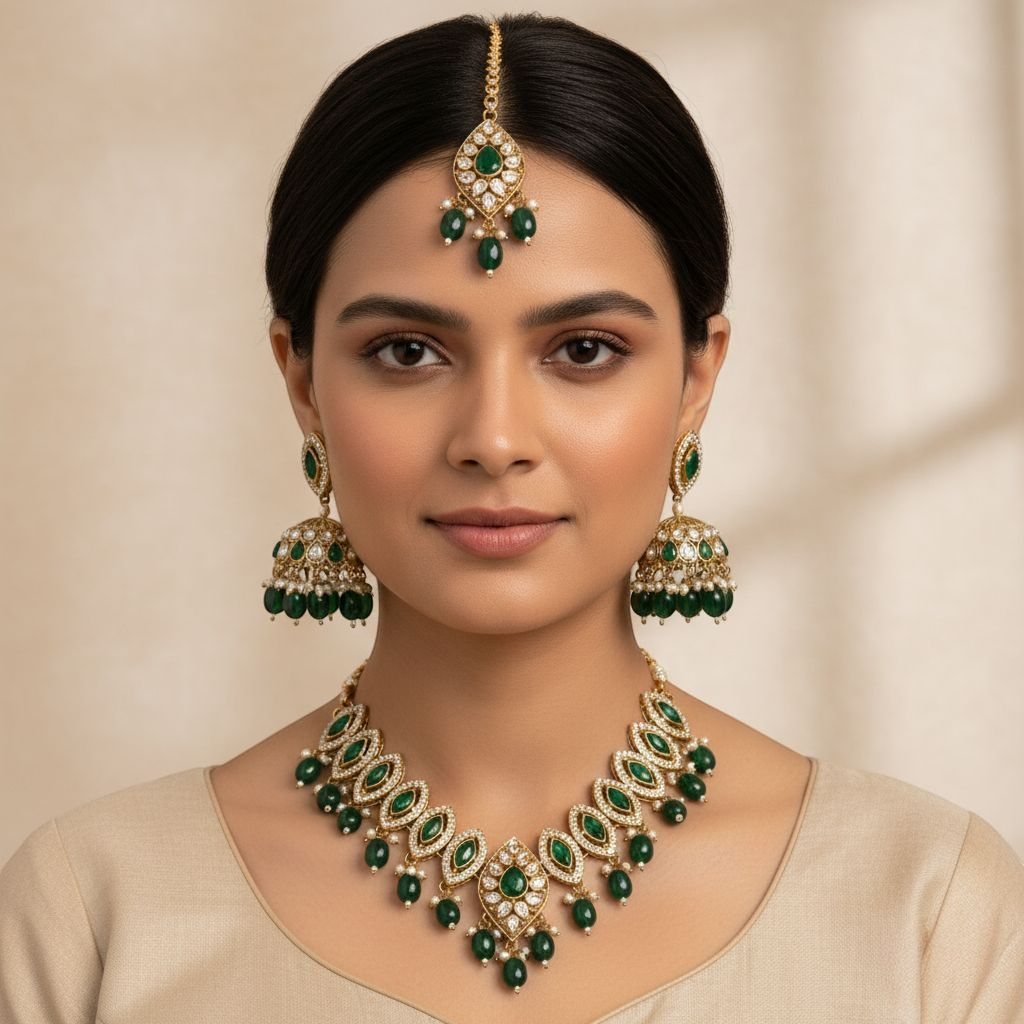 Polki Halskette mit Ohrringe & Tikka - gold | grün