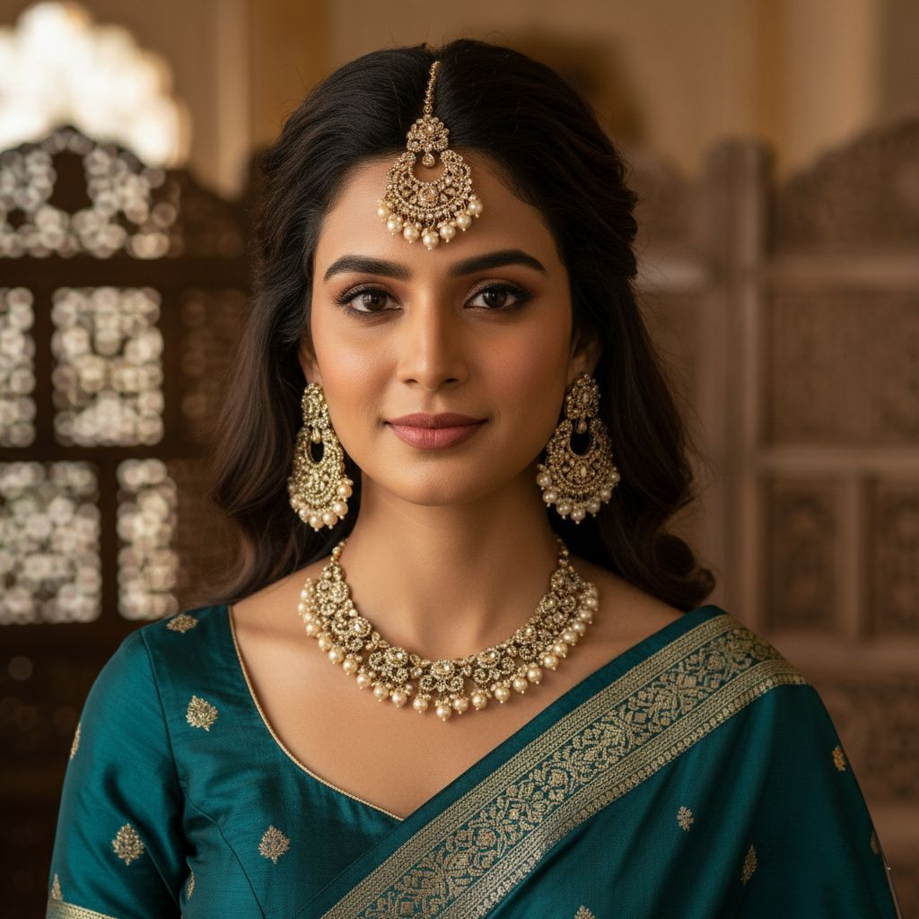 Polki Halskette mit Ohrringe & Tikka - gold