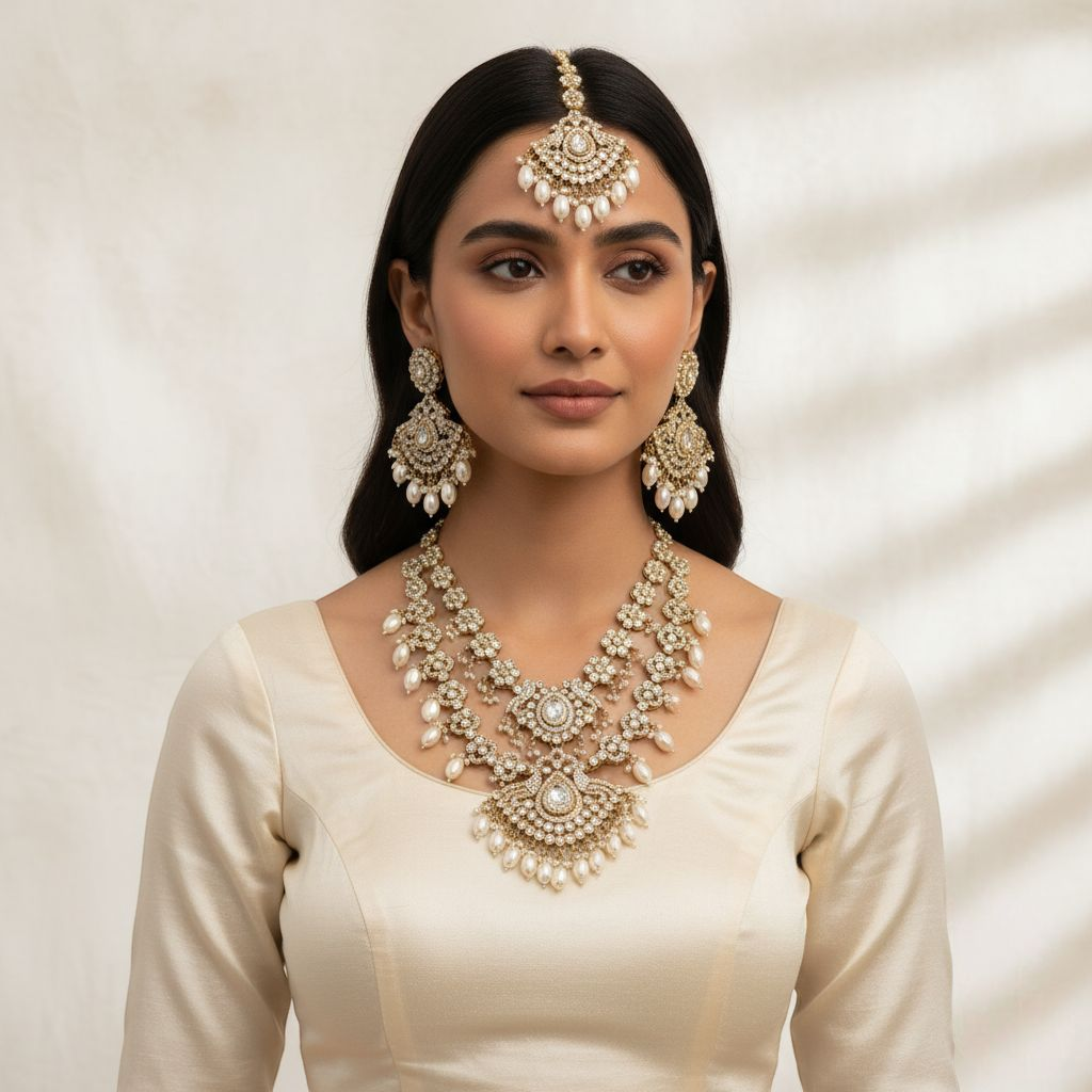 Kundan Necklace with Earrings & Tikka - gold | white
