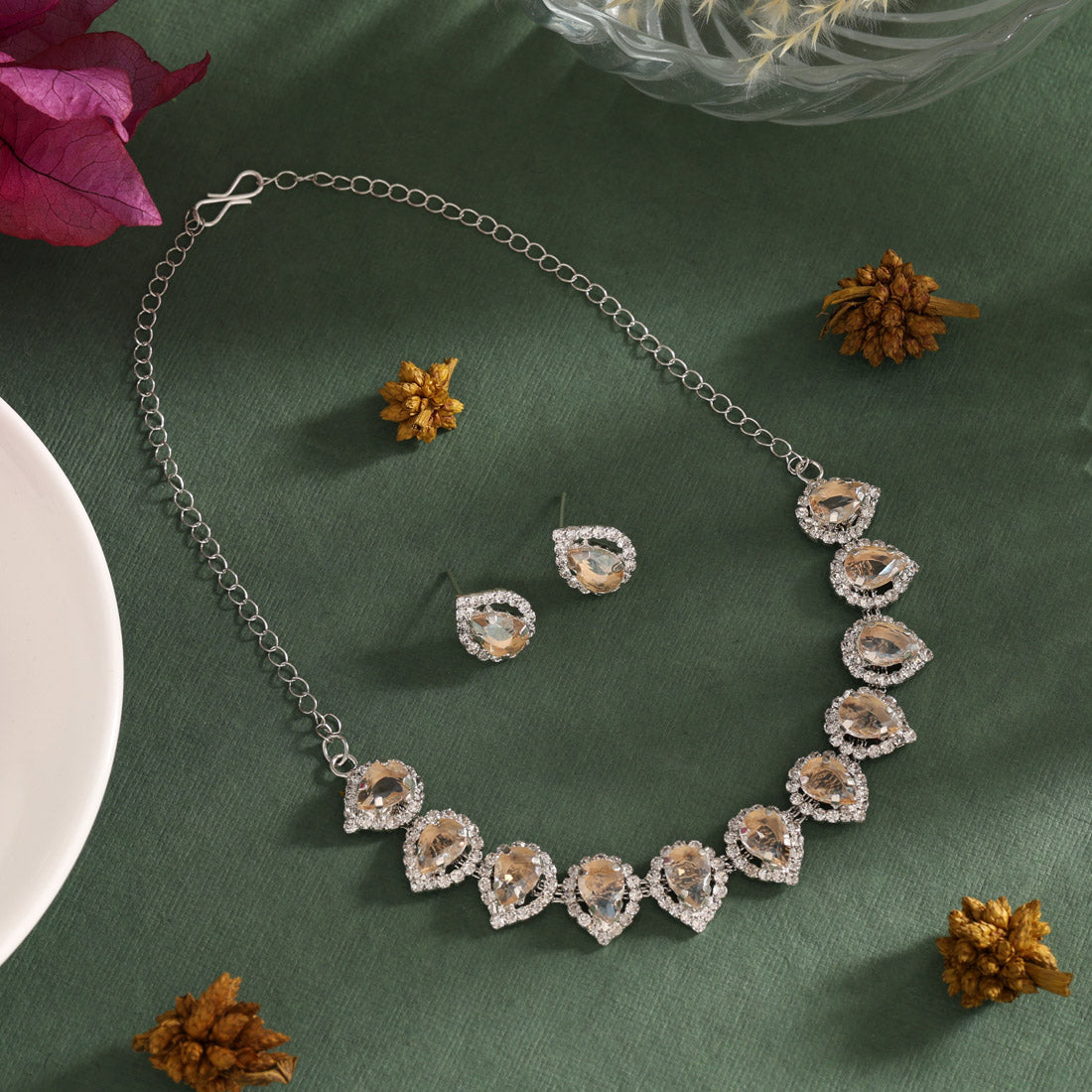 Trendy Halskette mit Ohrringe - silber | Gold Steine