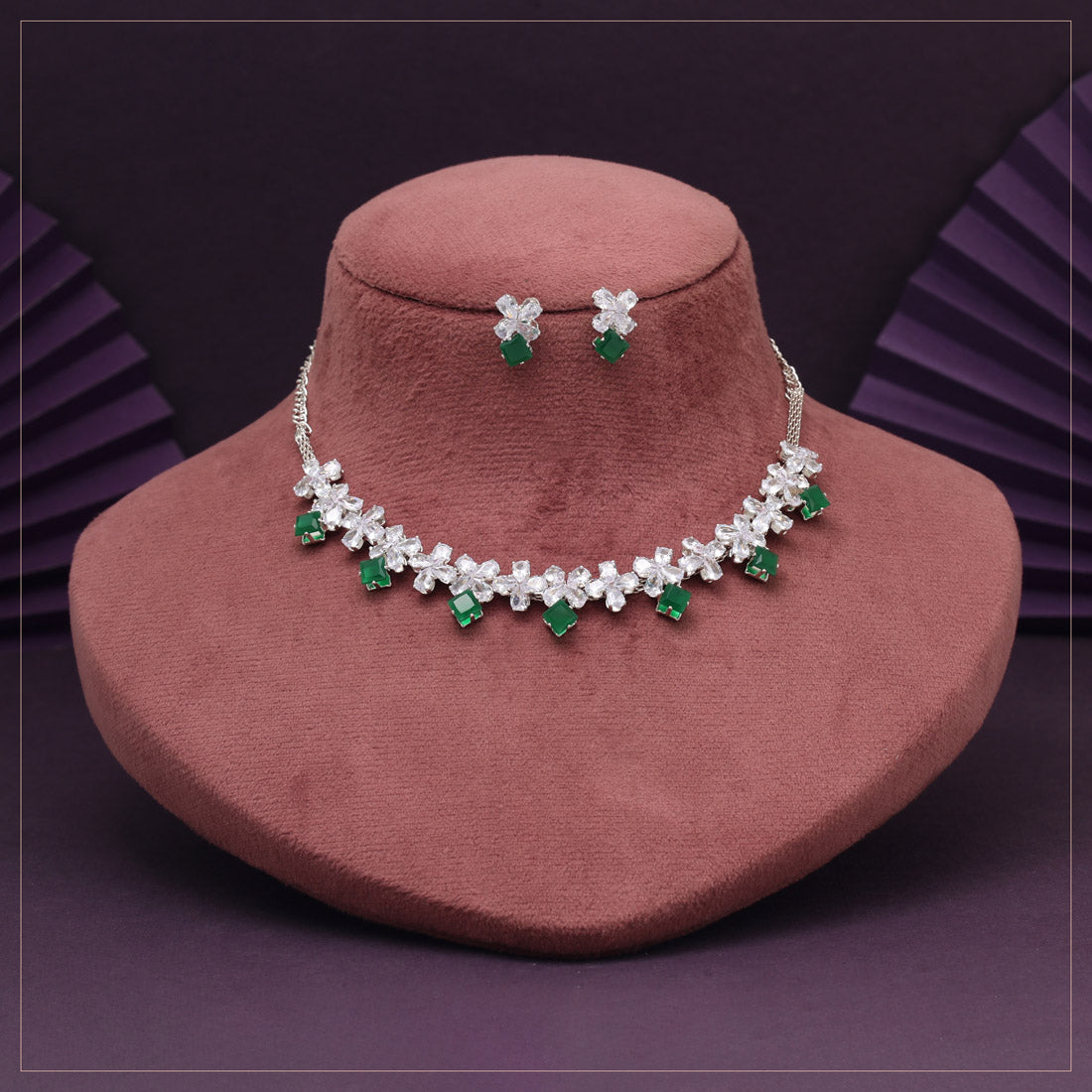 Trendy Halskette mit Ohrringe - silber| grün