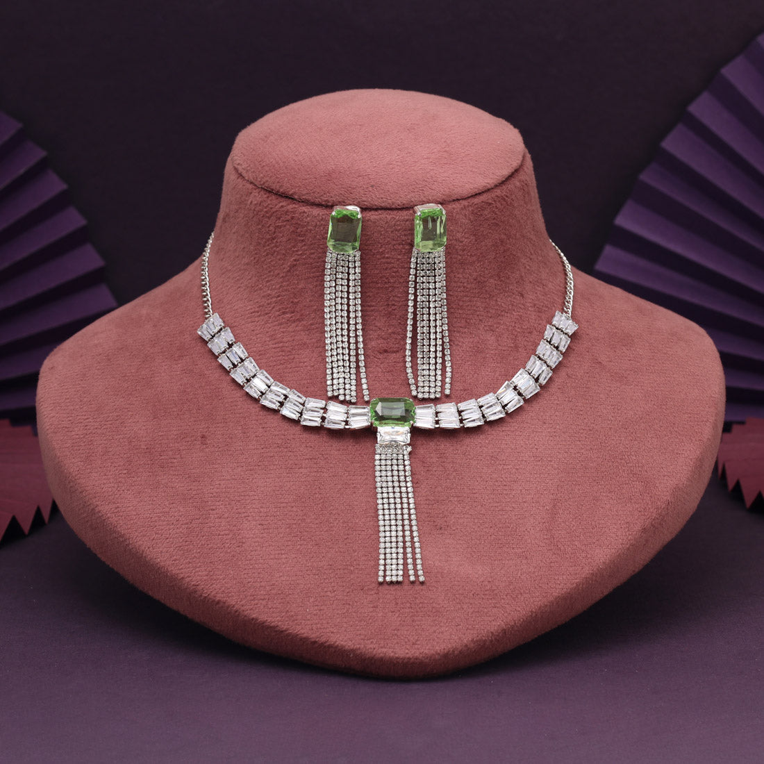 Trendy Halskette mit Ohrringe - silber| grün