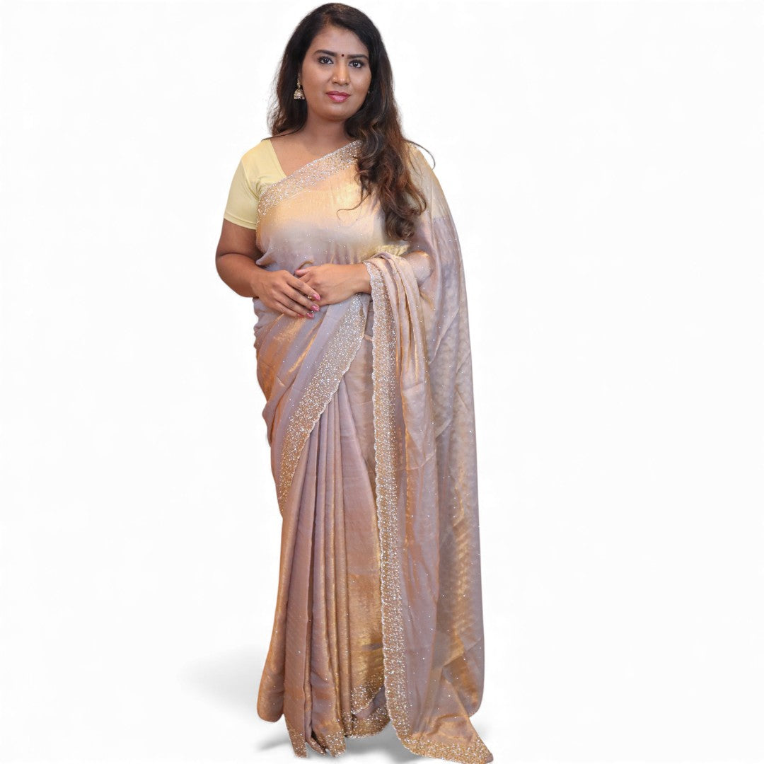 Alles-in-einem Saree Set |Grau gold – Space Silk Saree + Blouse + Shapewear